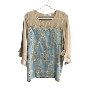 Snidel Beige Blue Gold Embroidered Lace Pearl Bell Sleeve Blouse Romantic